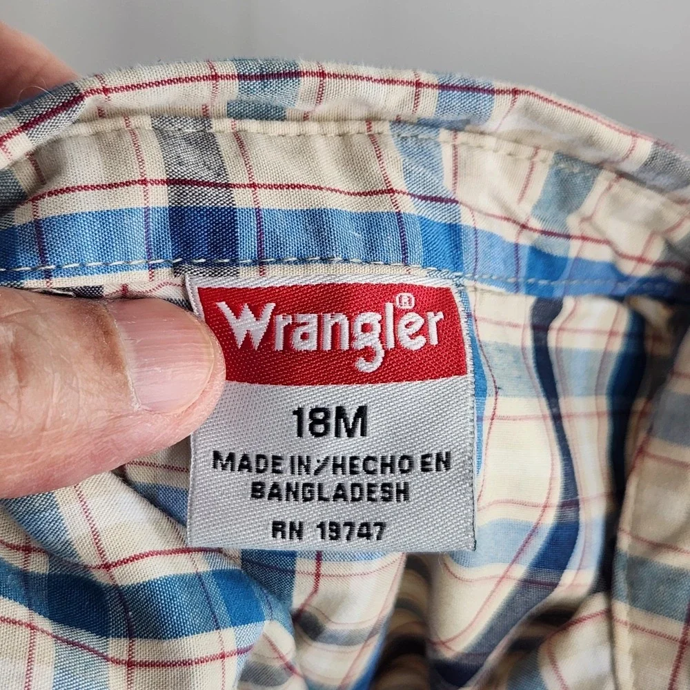 Wrangler Baby Plaid Western Shirt Bodysuit Romper 18 Month Blue Tan Short Sleeve